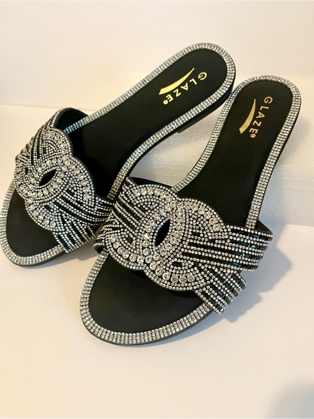 Black Rhinestone-Embellished Slide Sandals nwot